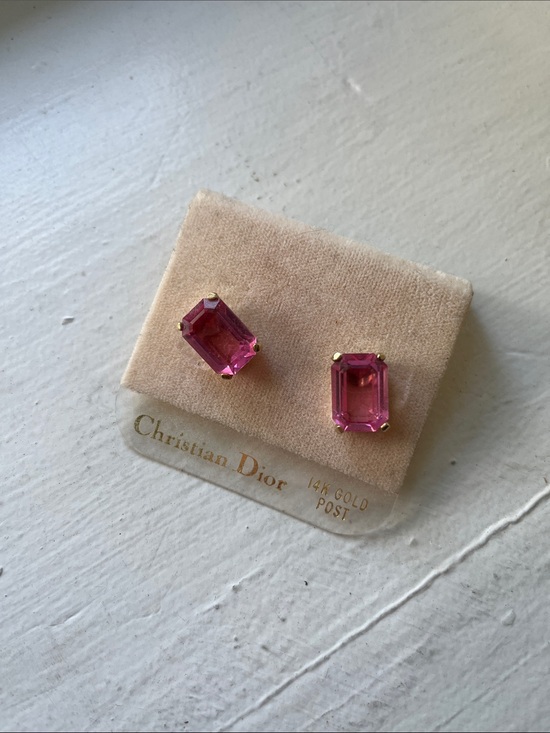 Dior Jewelry - Christian Dior 14K Gold-Prong Hot Pink Emerald-Cut Stud Earrings Vintage